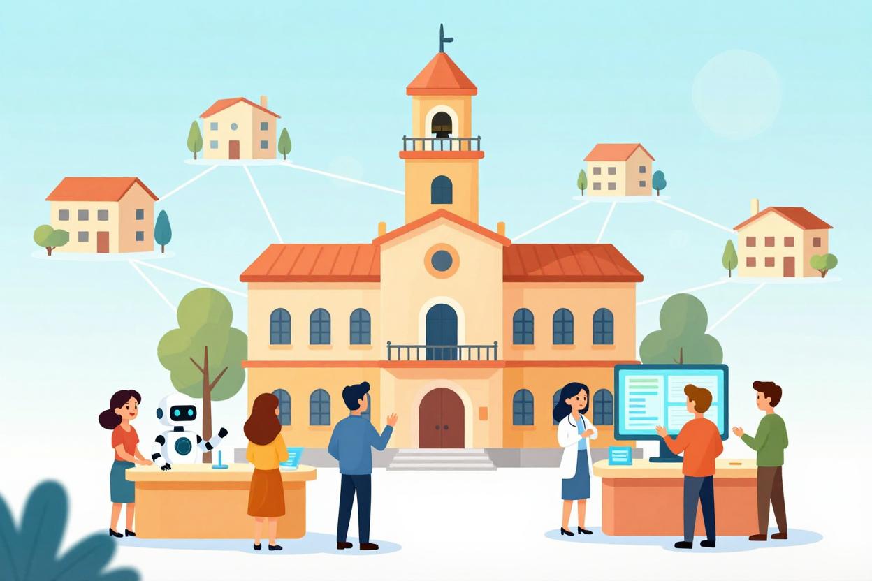 Una rappresentazione in stile cartoon di un consorzio di comuni per l'adozione dell'IA: illustrazione realizzata con Lumo, l'AI di Proton. ✨