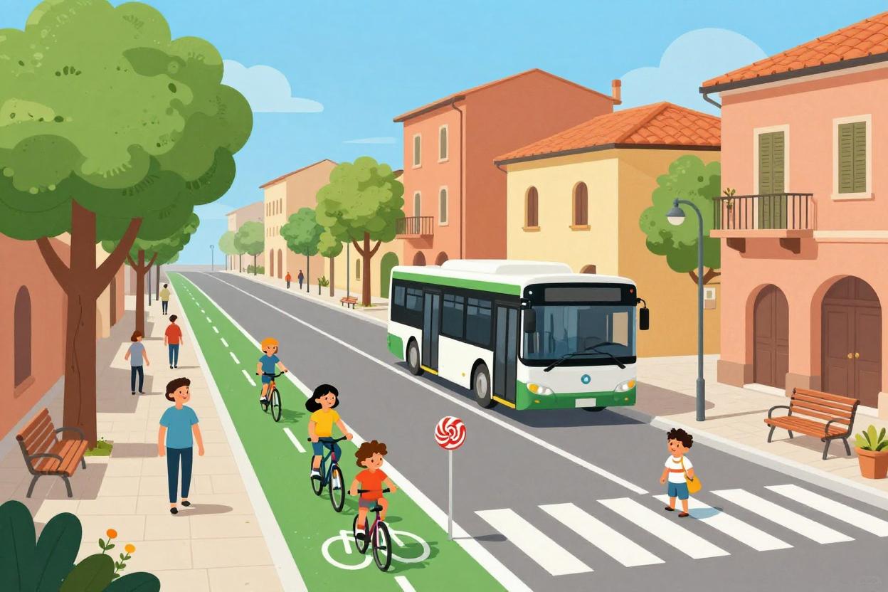 Una rappresentazione in stile cartoon di una città con mobilità sostenibile: illustrazione realizzata con Lumo, l'AI di Proton. ✨