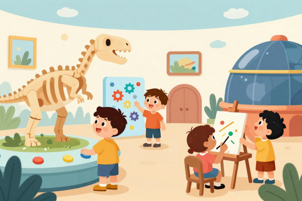 Una rappresentazione in stile cartoon di un museo dei bambini: illustrazione realizzata con Lumo, l'AI di Proton. ✨